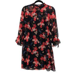 Express Floral Dress Size M Ruffle Mock Neck Semi Sheer Cottagecore Office Boho